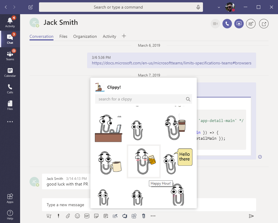 Selecting a Clippy animated emote